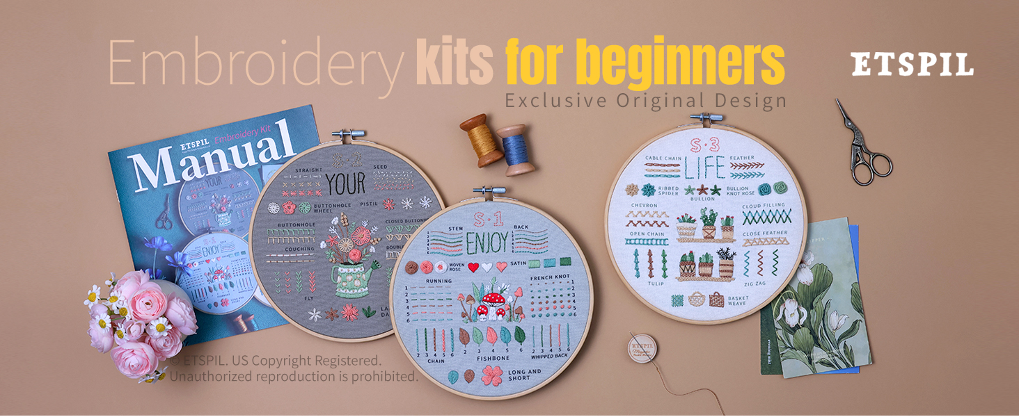 ETSPIL original horizontal brand banner for embroidery kits for beginners.