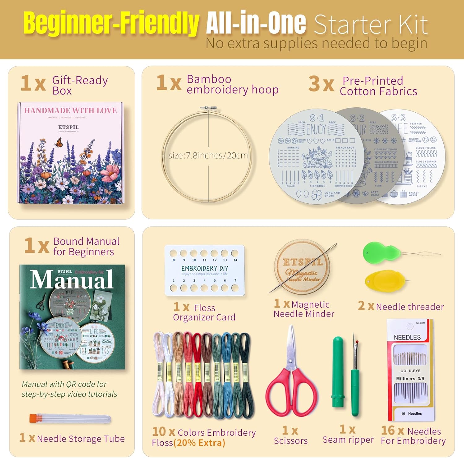 Beginner-friendly all-in-one starter embroidery kit.